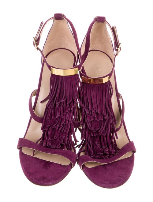 Chloé Suede Fringe Trim Accent T-Strap Sandals