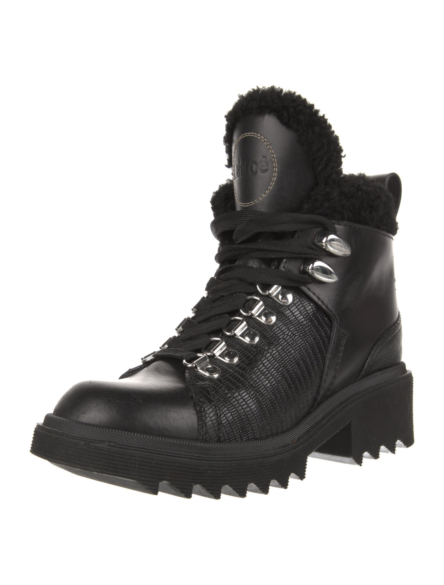 Chloé Leather Fur Trim Combat Boots