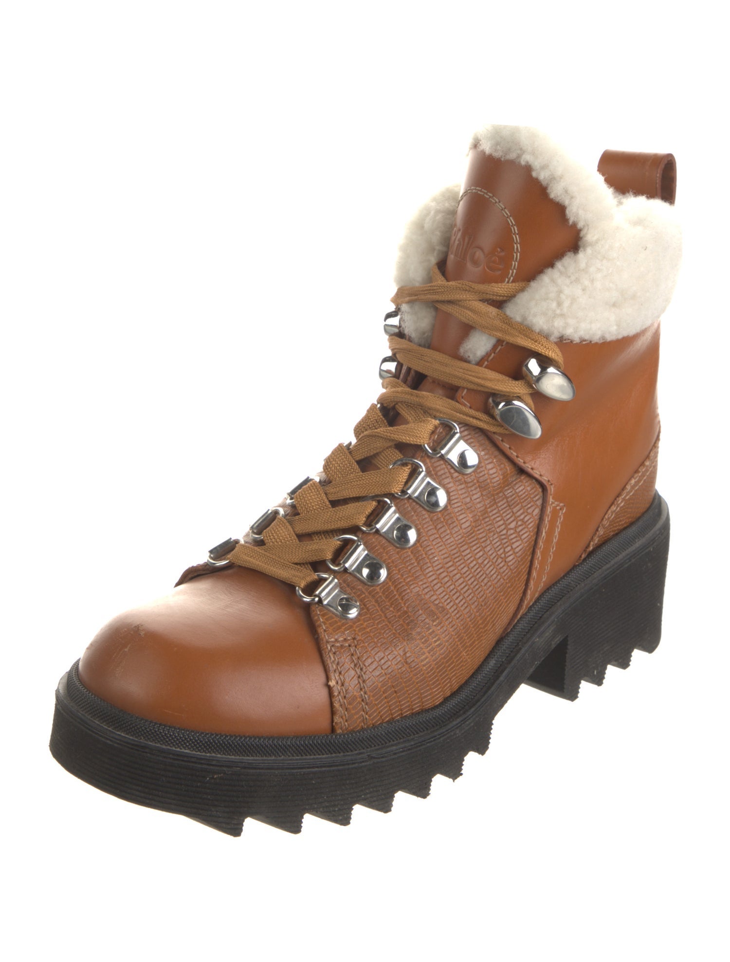 Chloé Leather Fur Trim Combat Boots
