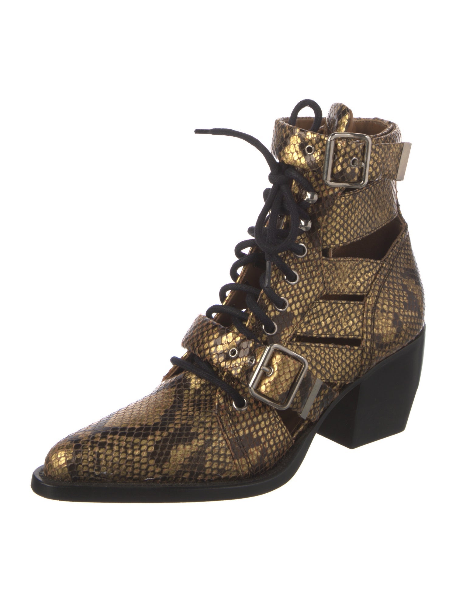 Chloé Embossed Leather Animal Print Lace-Up Boots