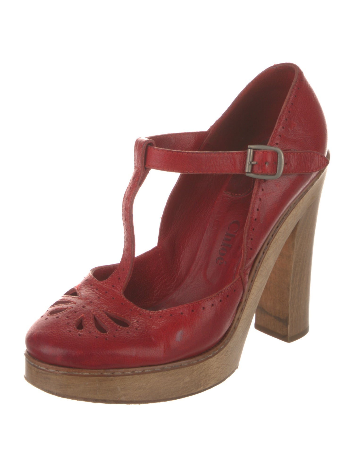 Chloé Leather Lasercut Accents T-Strap Pumps