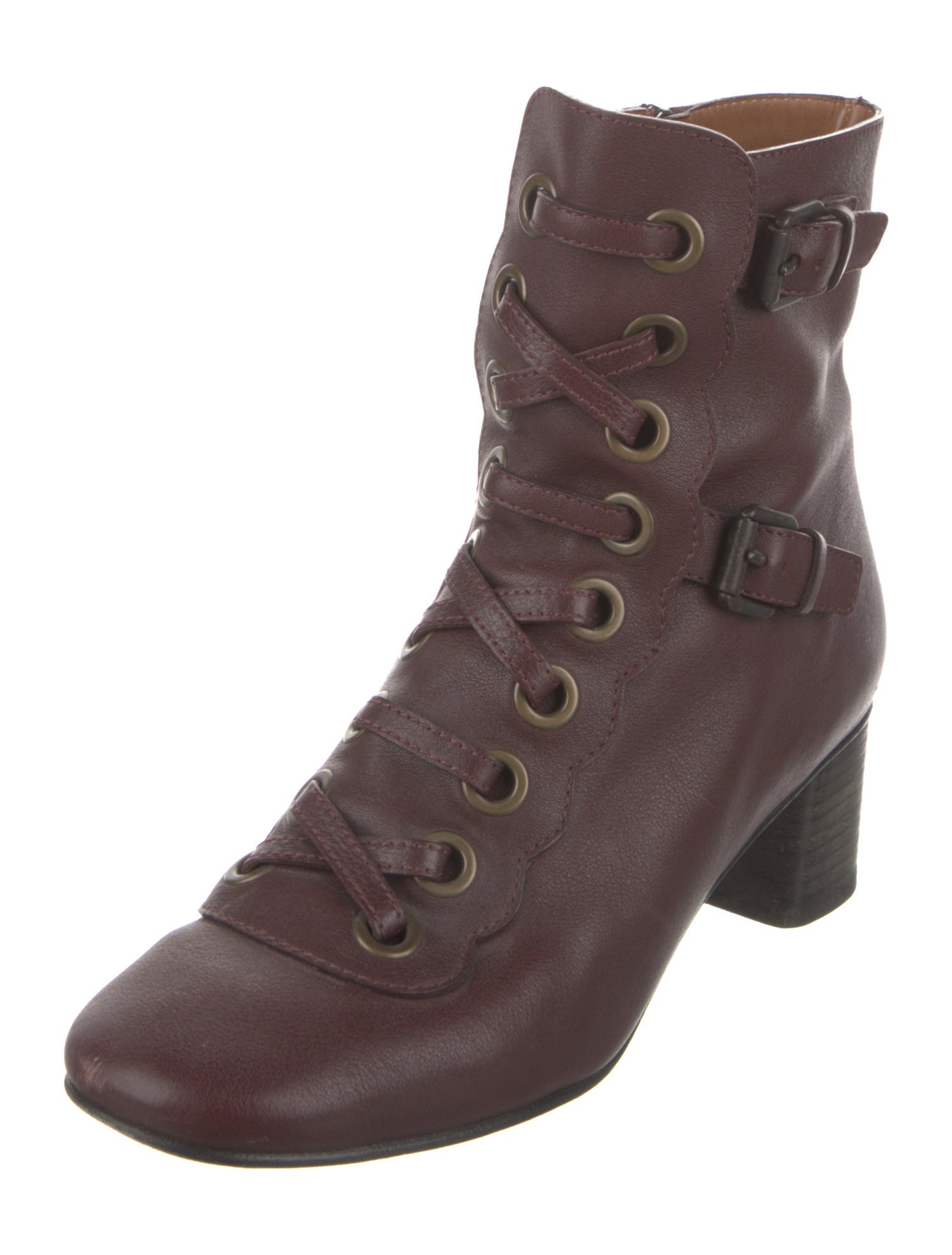 Chloé Leather Scalloped Accent Lace-Up Boots