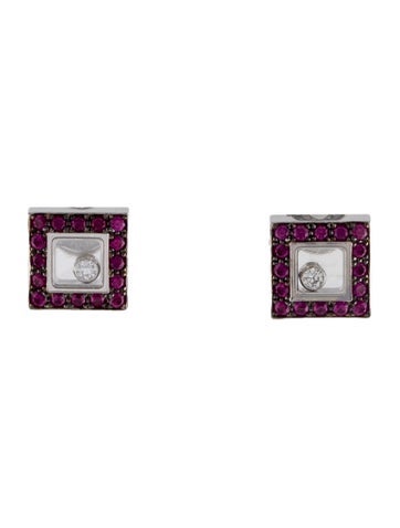 Chopard Stud 18K Ruby & Diamond Square Happy Icon Earrings