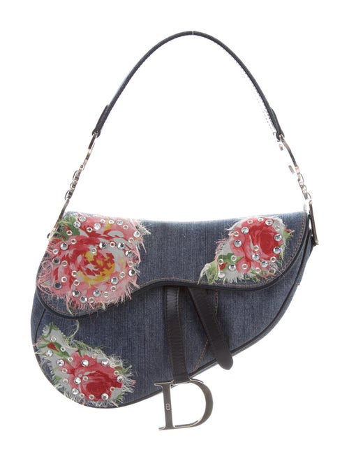 Christian Dior Embellished Denim Saddle Bag Blue