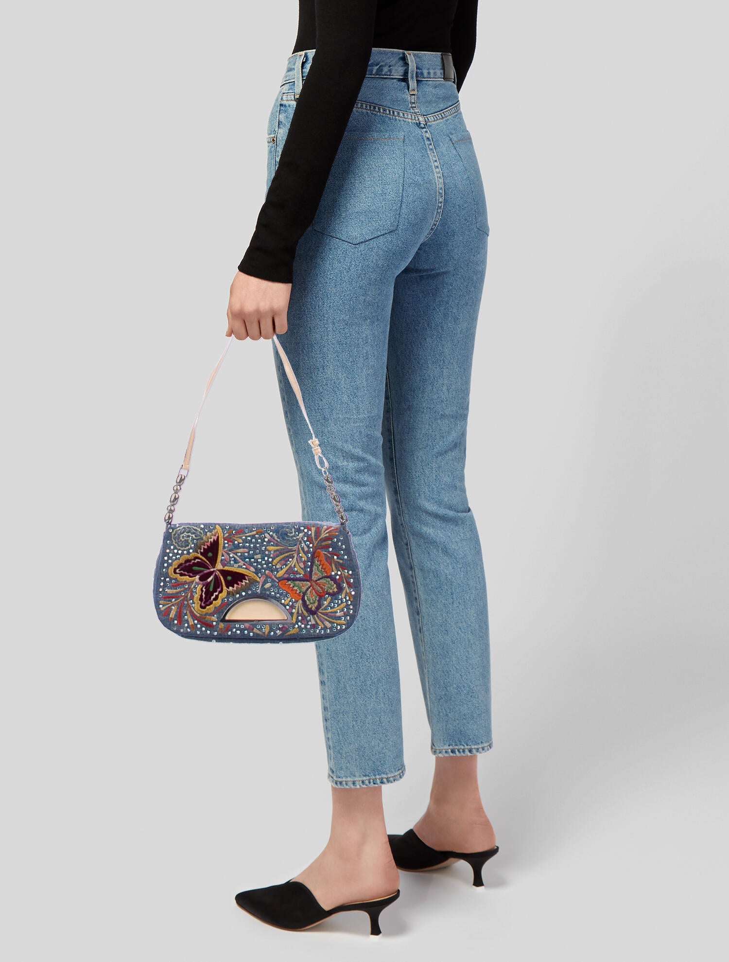 Christian Dior Butterfly Crystal Malice Denim Shoulder Bag - Blue