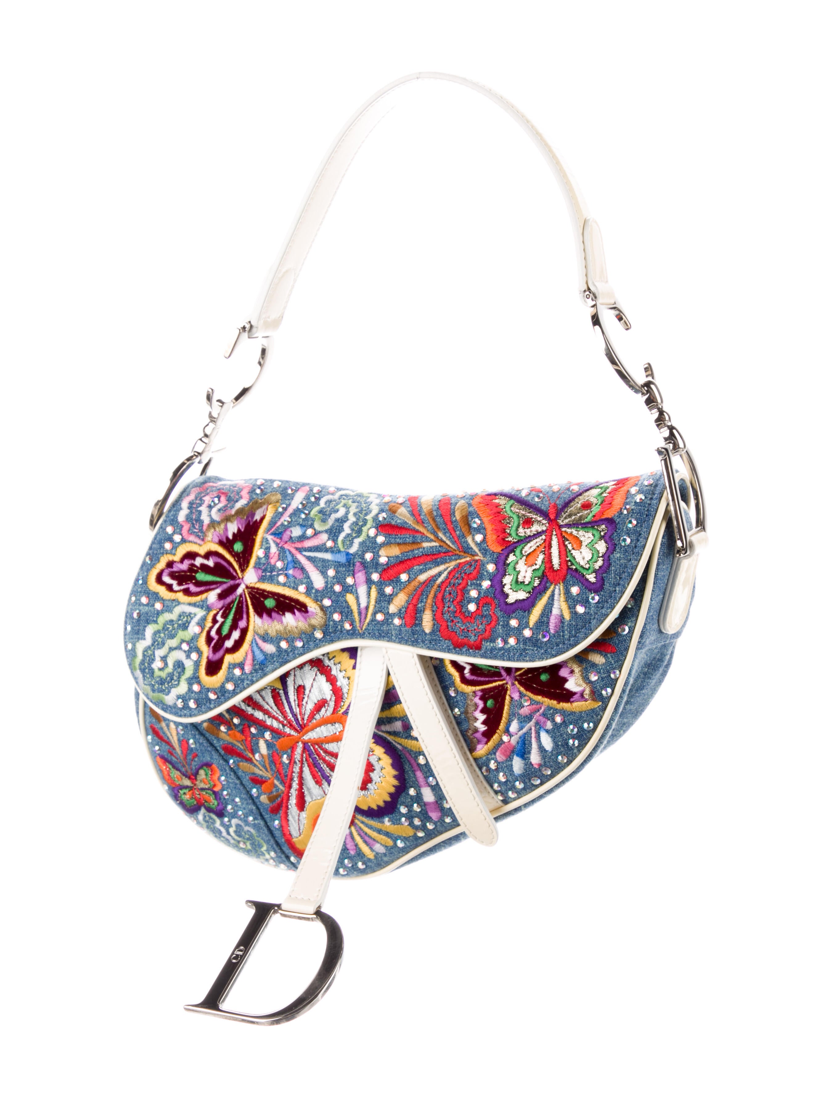 Christian Dior Denim Embroidered Crystal Saddle Bag - Blue