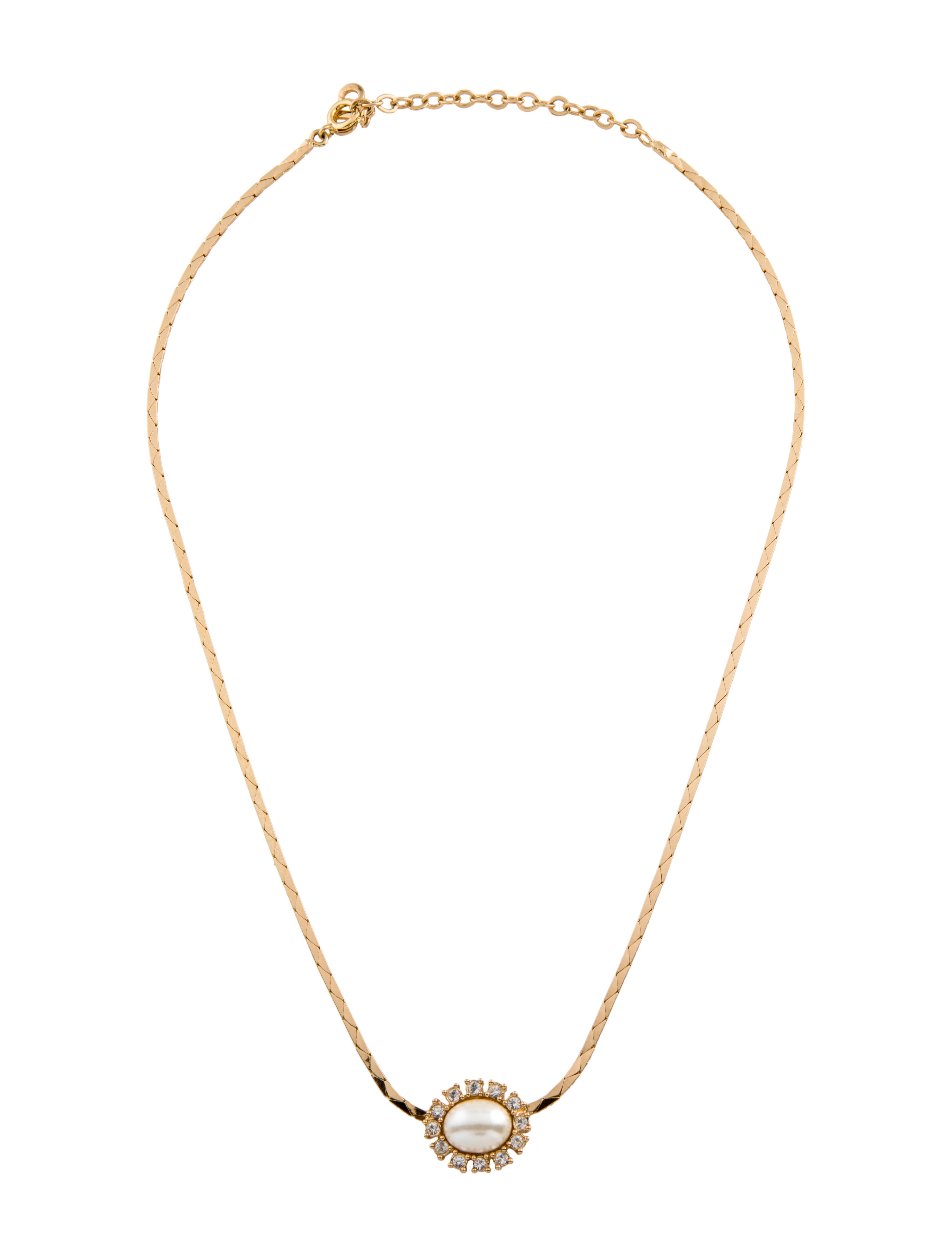 Christian Dior Vintage Faux Pearl & Crystal Pendant Necklace Gold