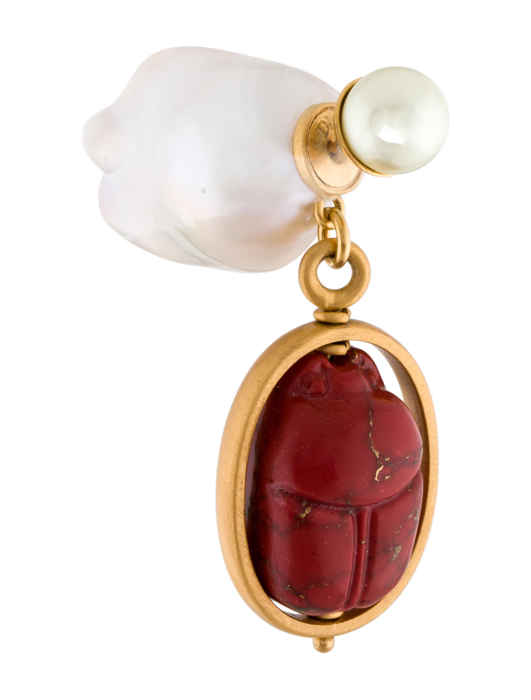 Christian Dior Faux Pearl & Strone Scarab Tribales Single Drop Earring