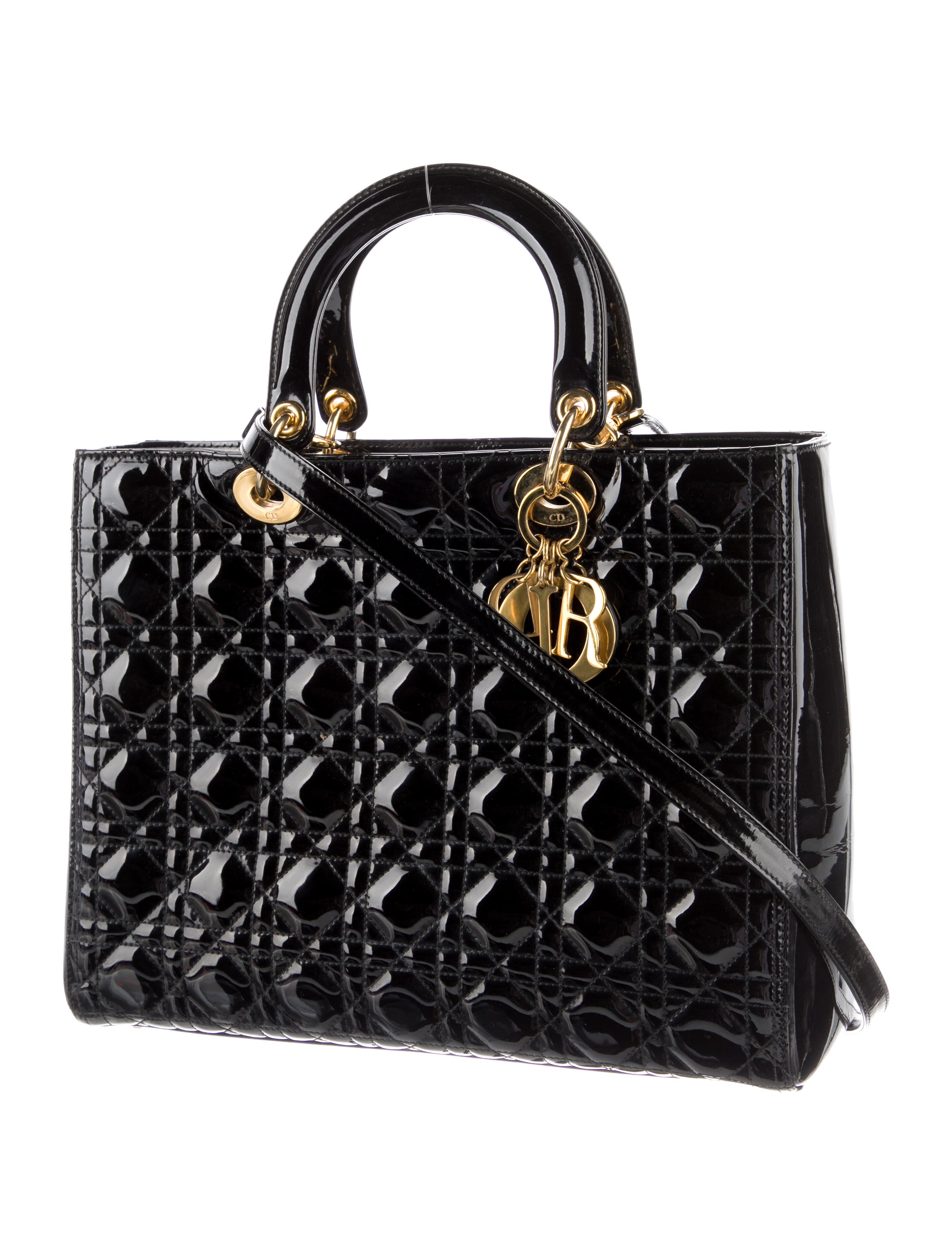 Christian Dior Large Patent Cannage Lady Dior w/ Strap Black Handle Bags, Handbags CHR250852