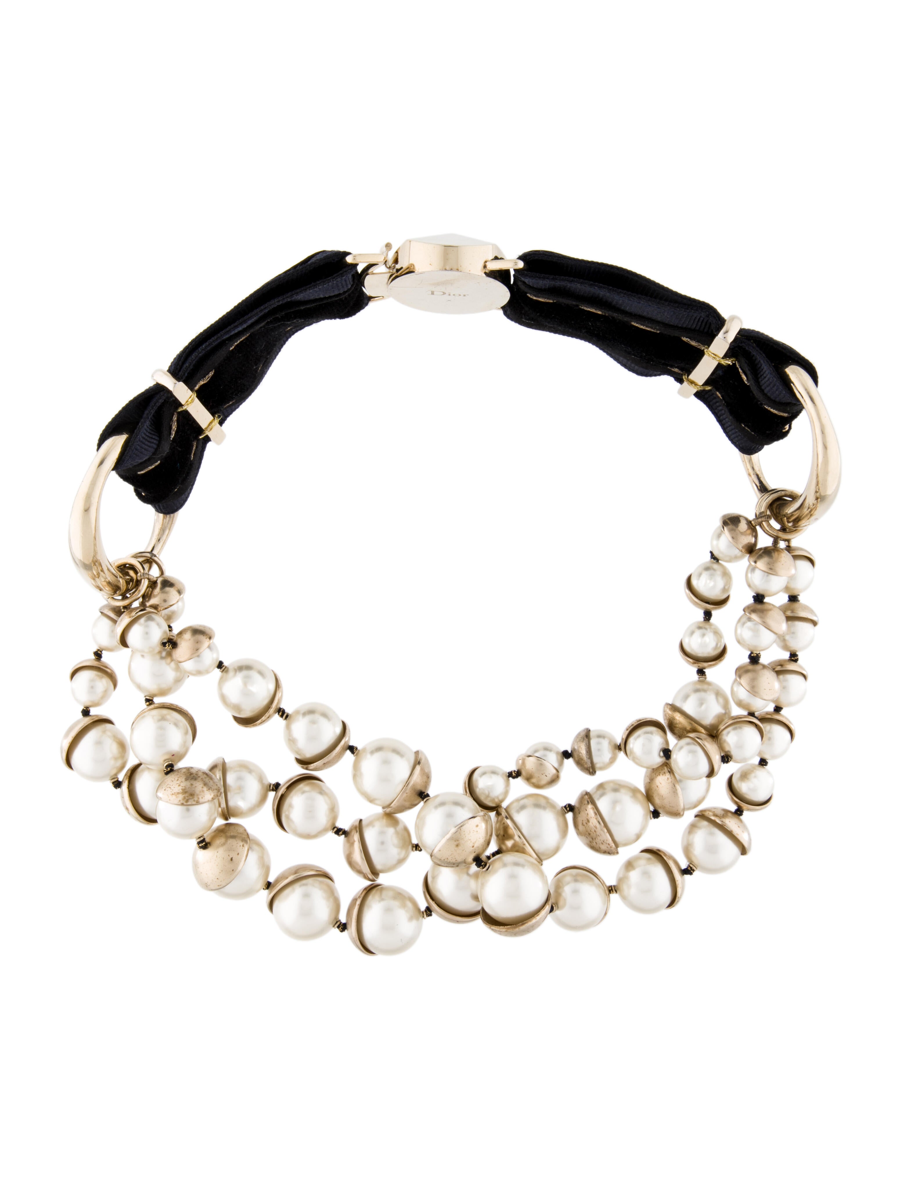 Christian Dior Vintage Crystal & Faux Pearl Accent Collar Necklace GoldTone Metal Collar