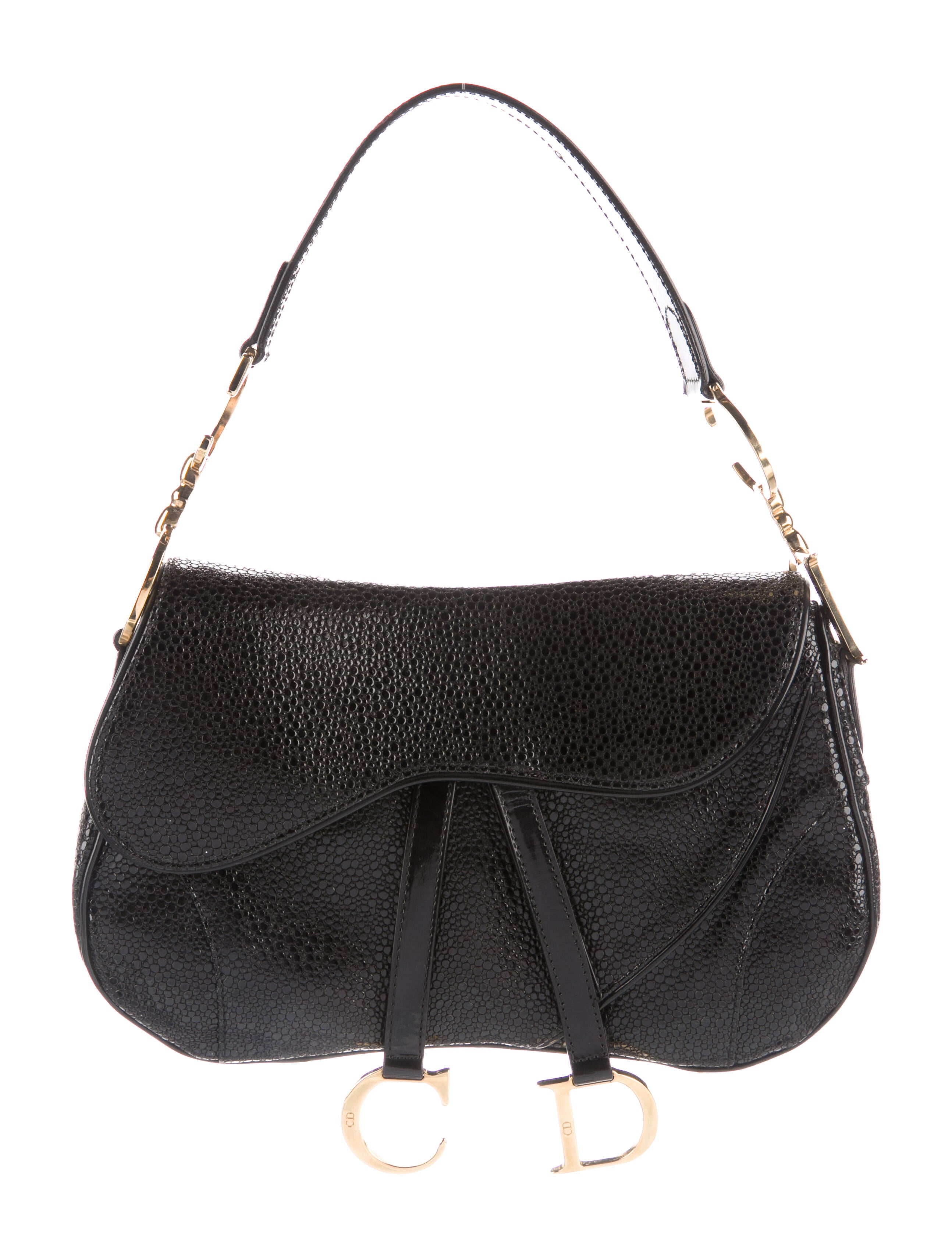 Christian Dior Pebbled Double Saddle Bag Black Shoulder Bags
