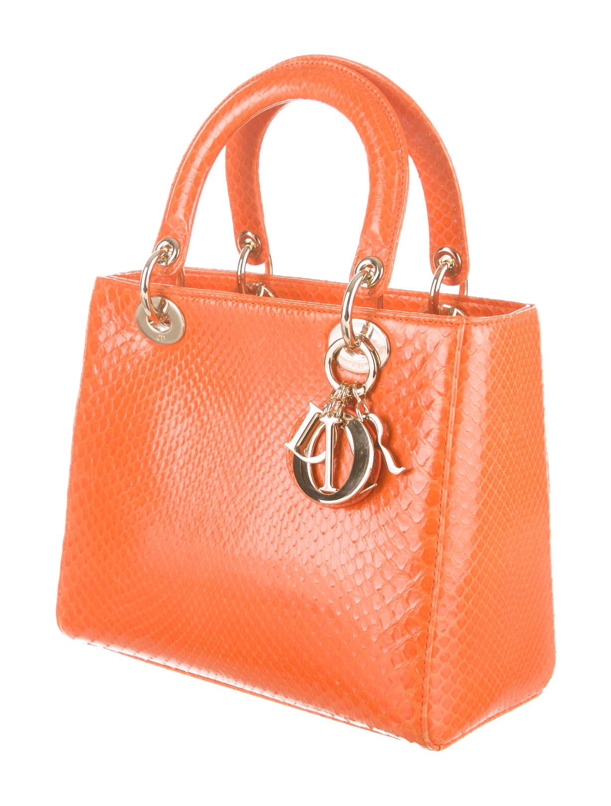 Christian Dior Snakeskin Medium Lady Dior Bag - Orange Handle Bags