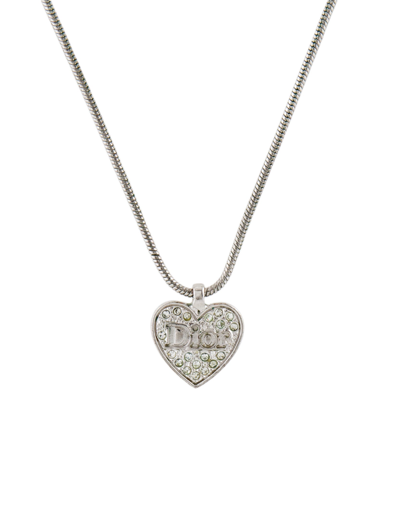 Christian Dior Vintage Crystal 'Dior' Heart Pendant Necklace Silver