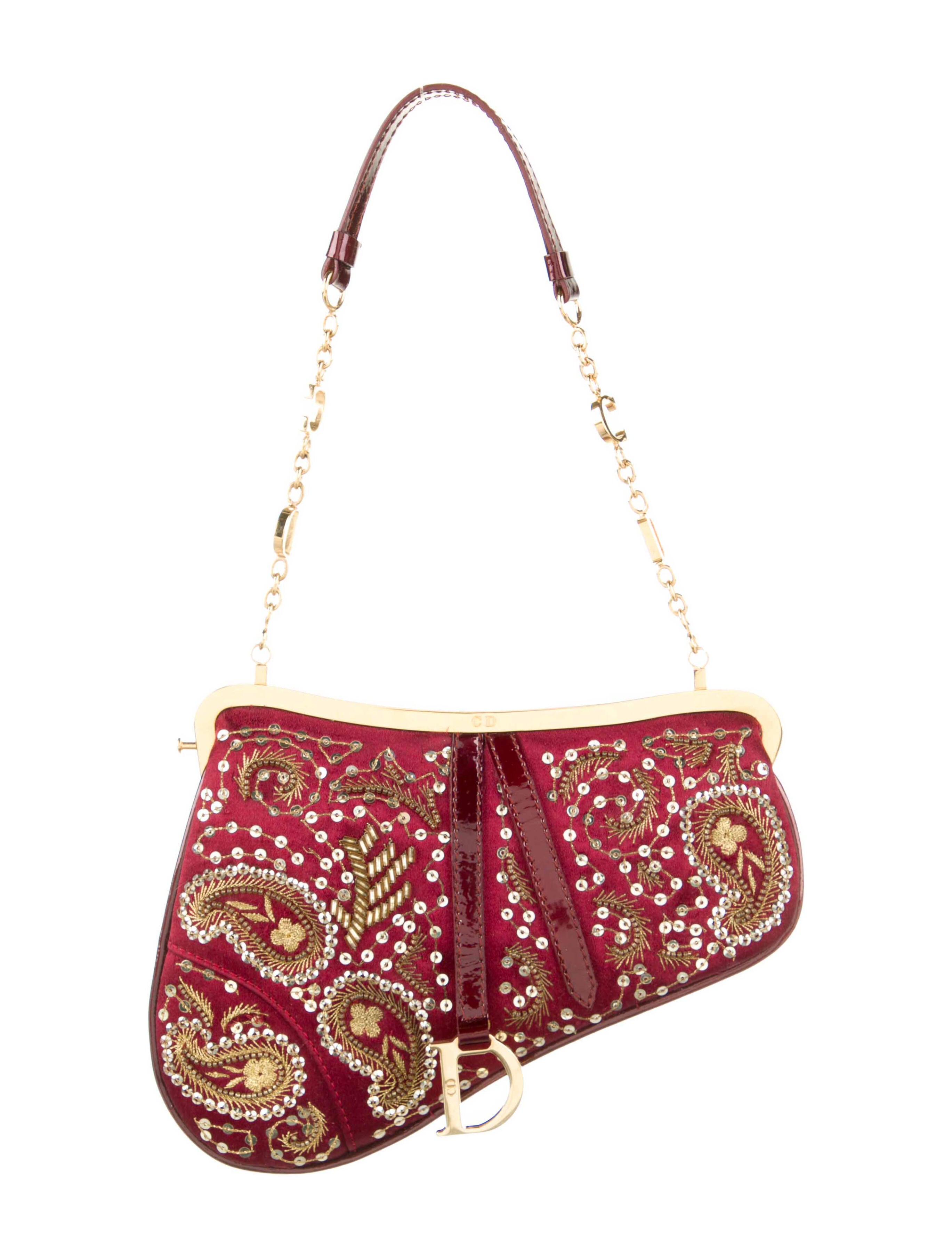 ディオール　パイルバッグ Christian Dior Mini Satin Paisley Print Saddle Pochette - Burgundy