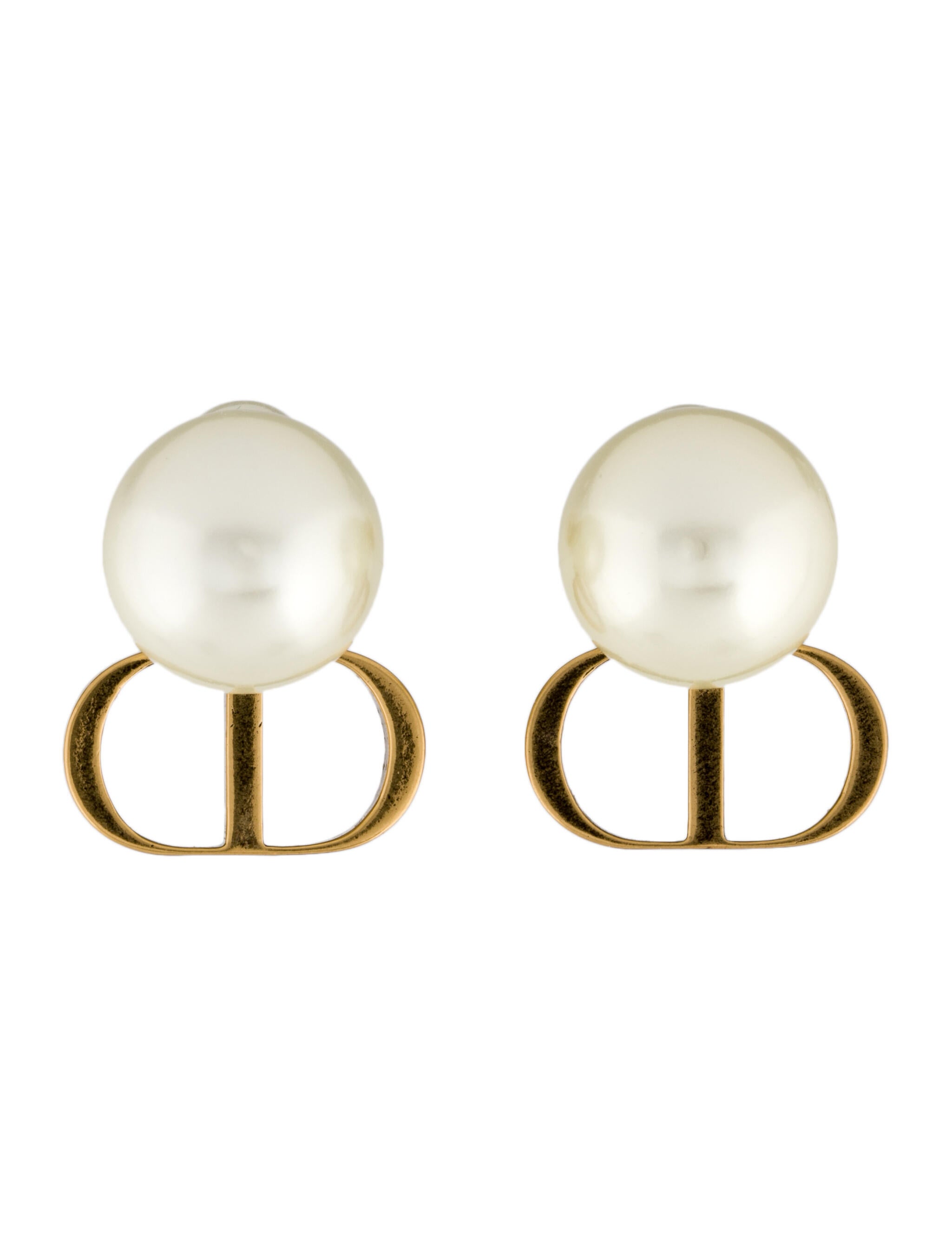 Christian Dior Faux Pearl 'CD' Tribales Drop Earrings GoldTone Metal