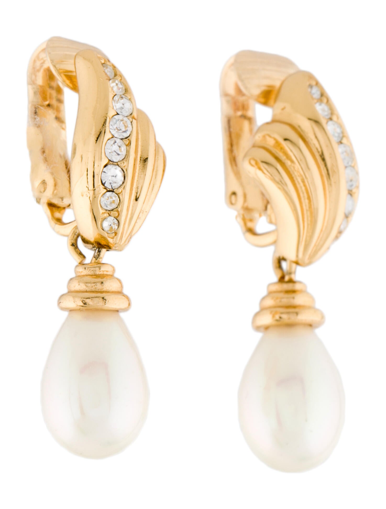 Christian Dior Crystal & Faux Pearl ClipOn Drop Earrings GoldPlated