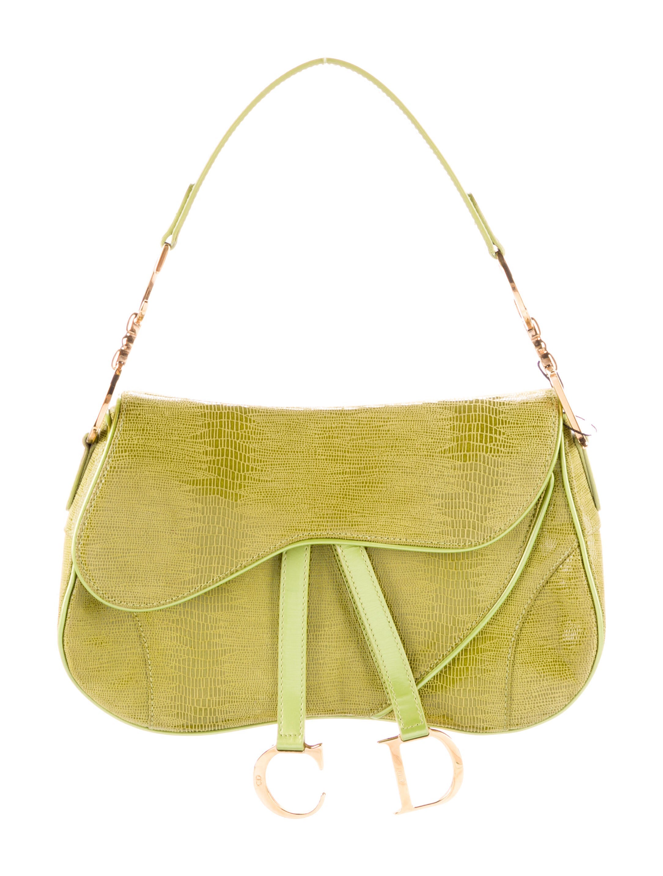 Christian Dior Embossed Suede Double Saddle Bag Green Shoulder Bags