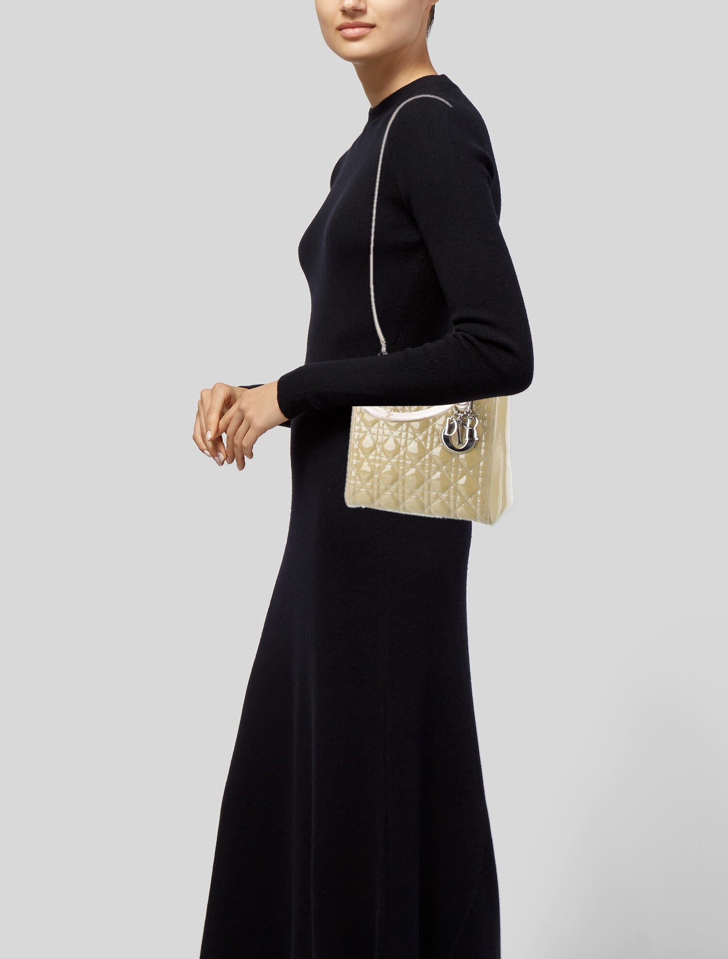 Christian Dior Patent Leather Medium Lady Dior Neutrals Handle Bags