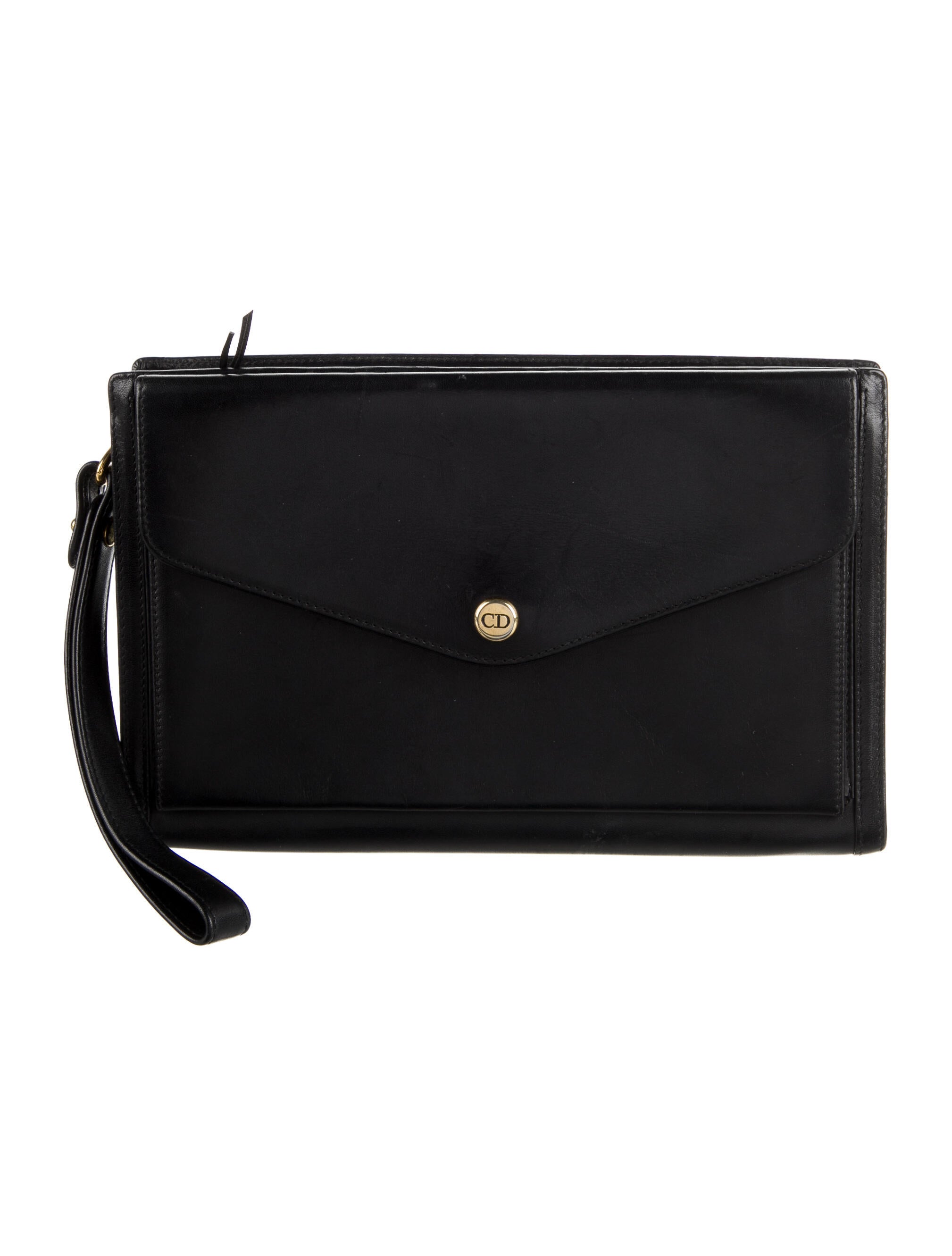 Christian Dior Vintage Leather Flap Wristlet Black Clutches, Handbags