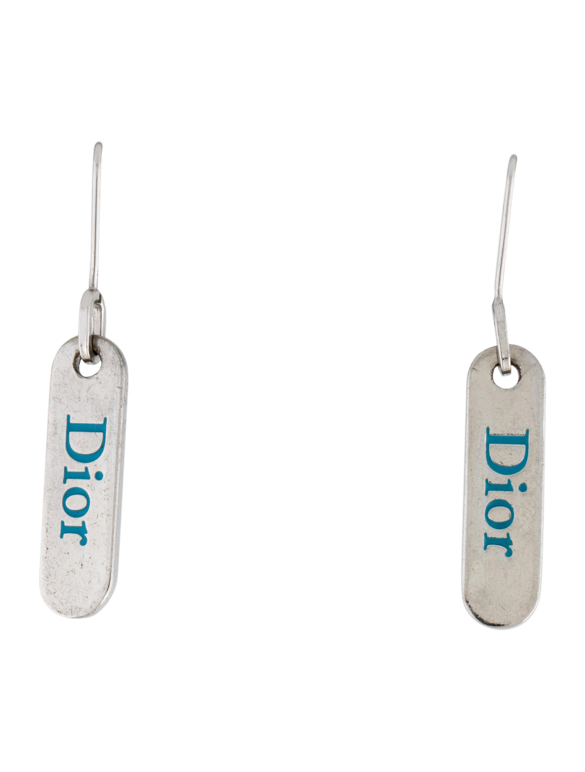 Christian Dior Enamel 'Dior' Drop Earrings SilverTone Metal Drop