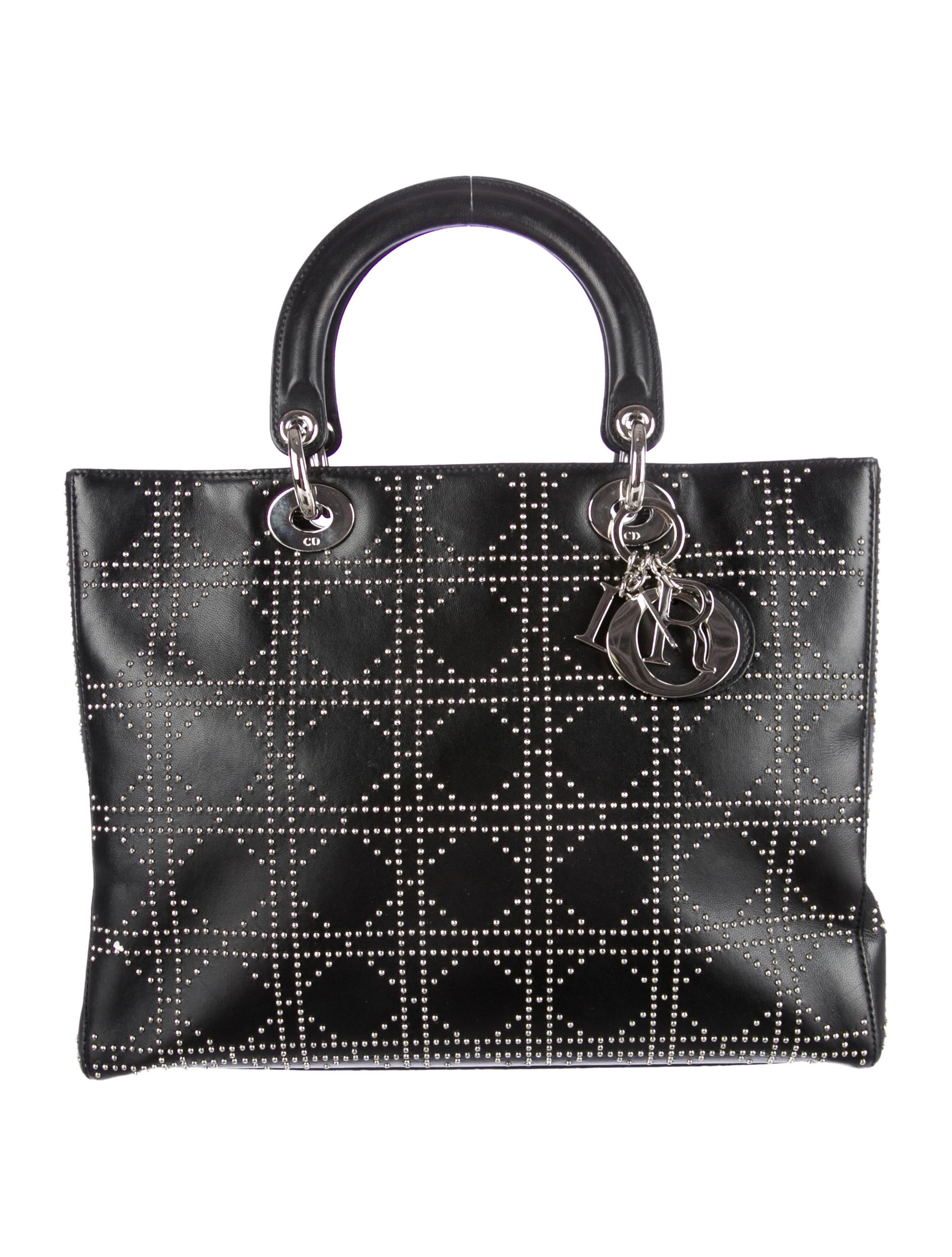 Christian Dior Studded Large Lady Dior Bag Black Handle Bags