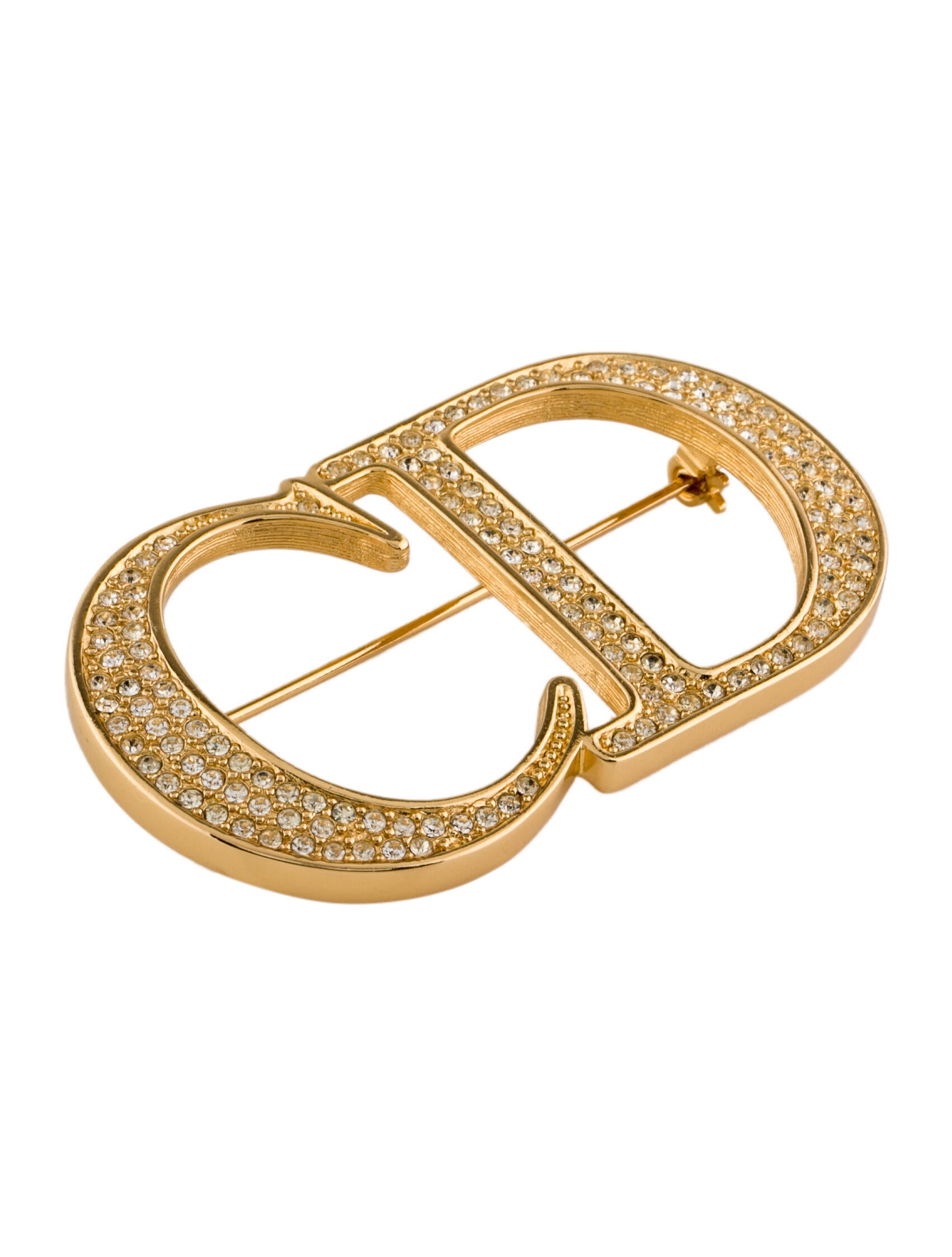 Christian Dior Vintage Crystal CD Brooch GoldPlated Pin, Brooches