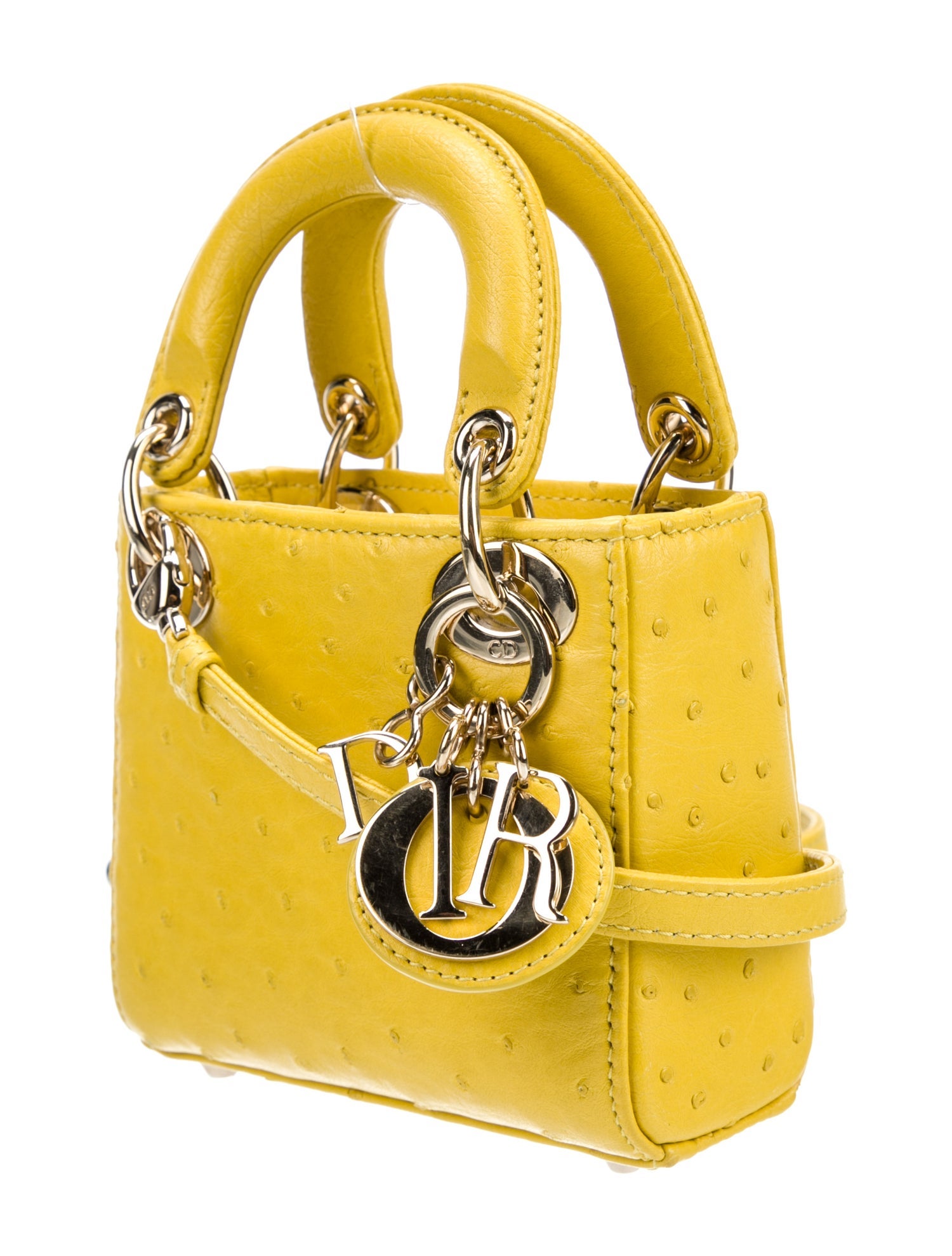Christian Dior 2022 Ostrich Micro Lady Dior w/ Strap - Yellow Mini