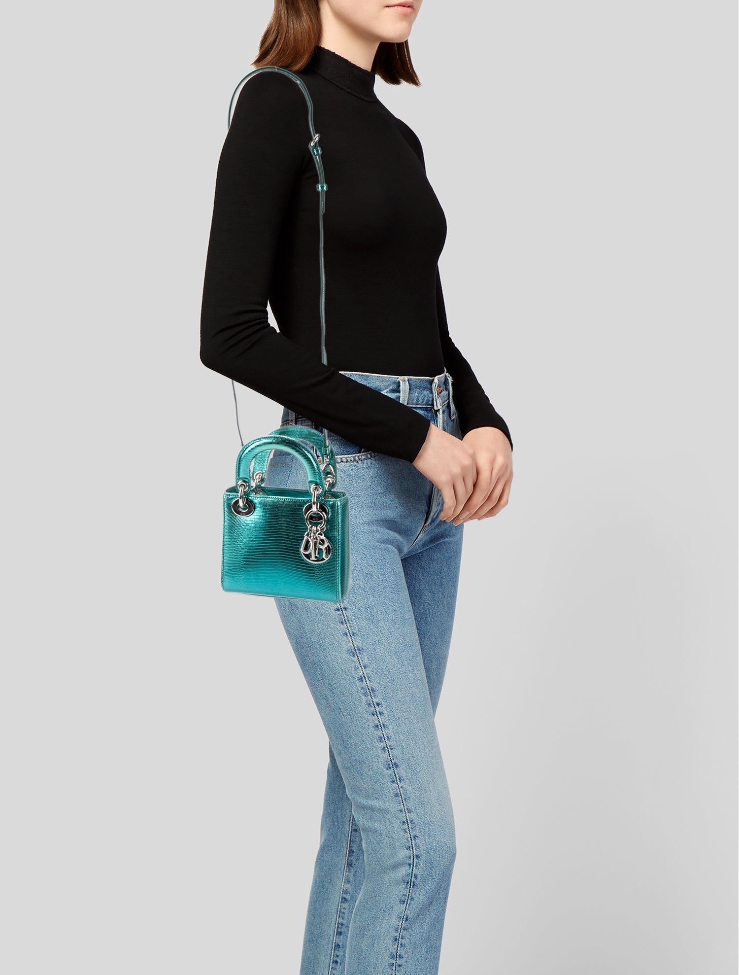 Christian Dior Metallic Lizard Mini Lady Dior - Green Handle Bags