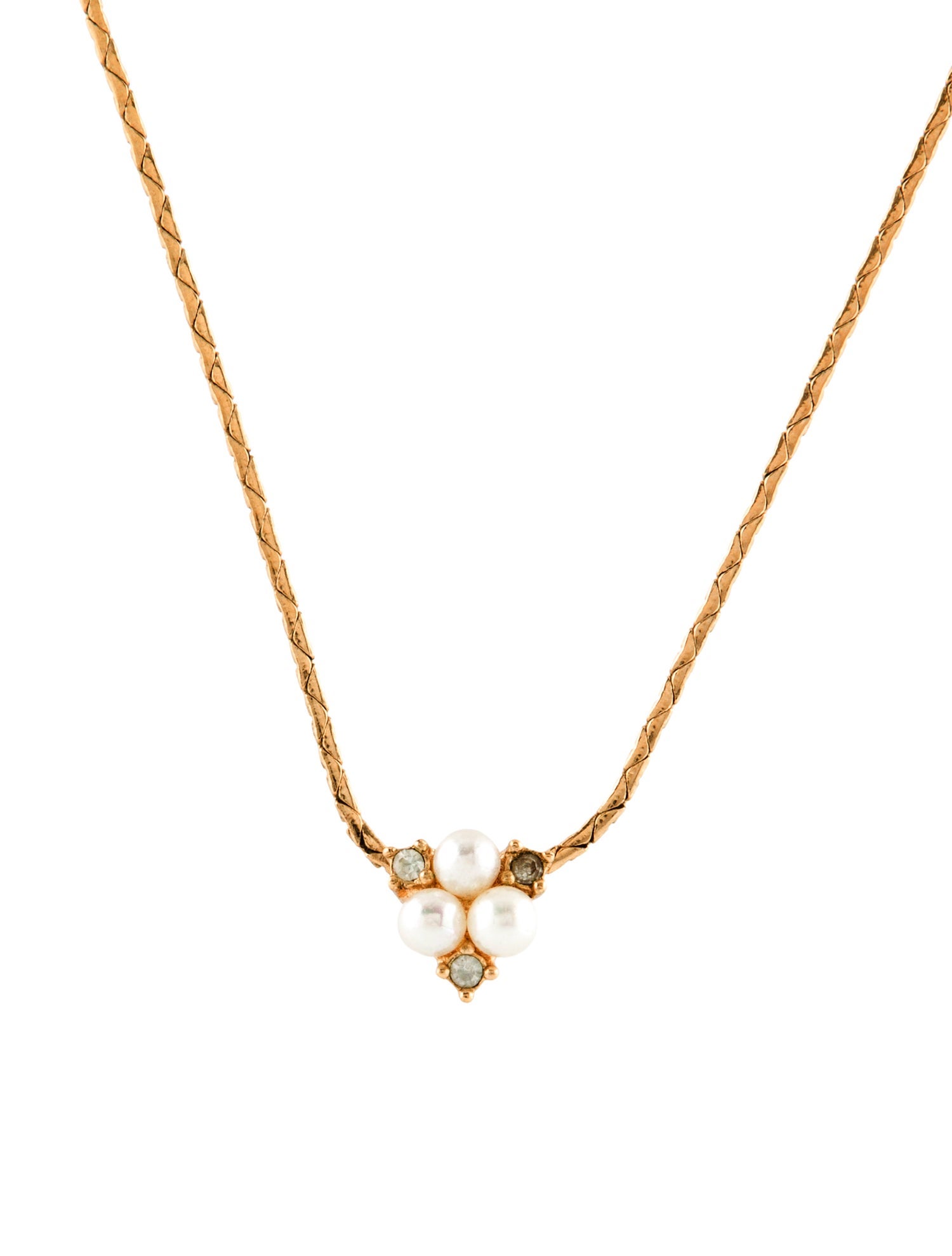 Christian Dior Vintage Faux Pearl & Crystal Floral Pendant Necklace