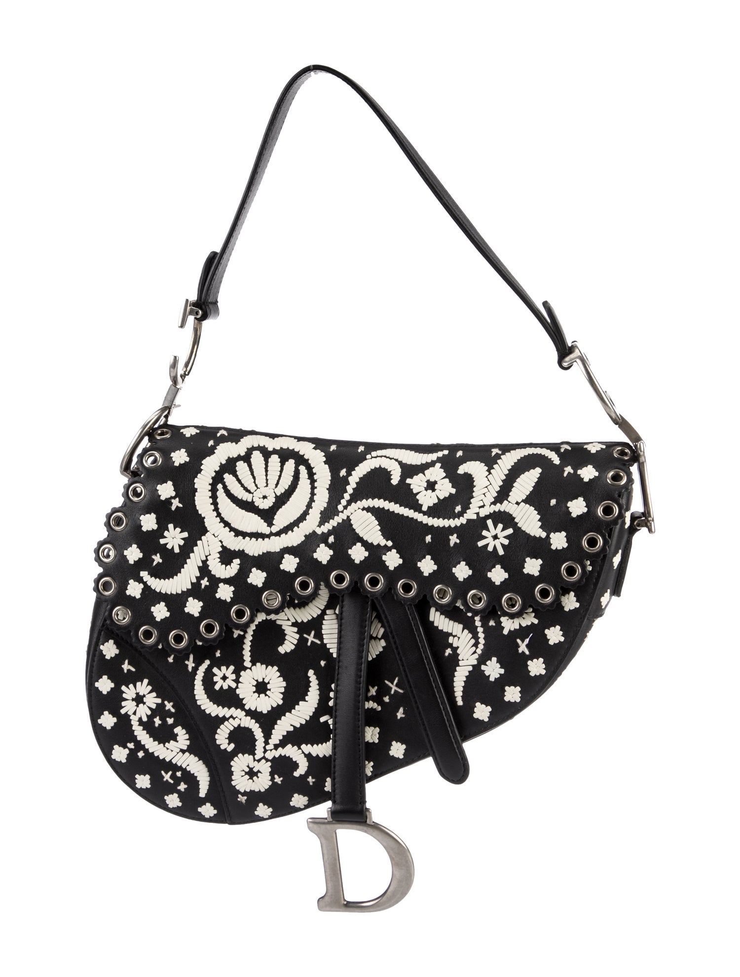 Christian Dior Embroidered Saddle Bag Black Shoulder Bags, Handbags