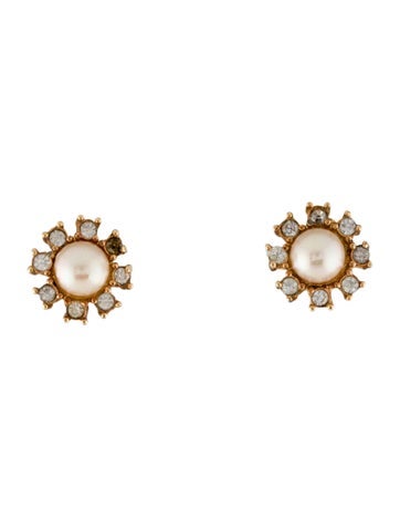 Christian Dior Clip-On Vintage Faux Pearl & Crystal Earrings