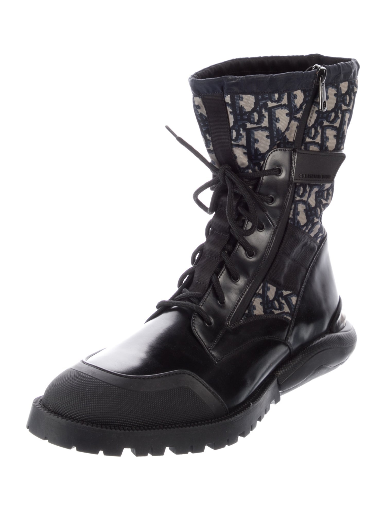 CHRISTIAN DIOR Black Leather & White Knit Lace-Up Combat Boots – Size 38 | Luxury Designer Footwear