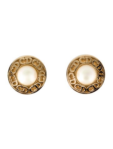 Christian Dior Clip-On Vintage Faux Pearl Logo Earrings