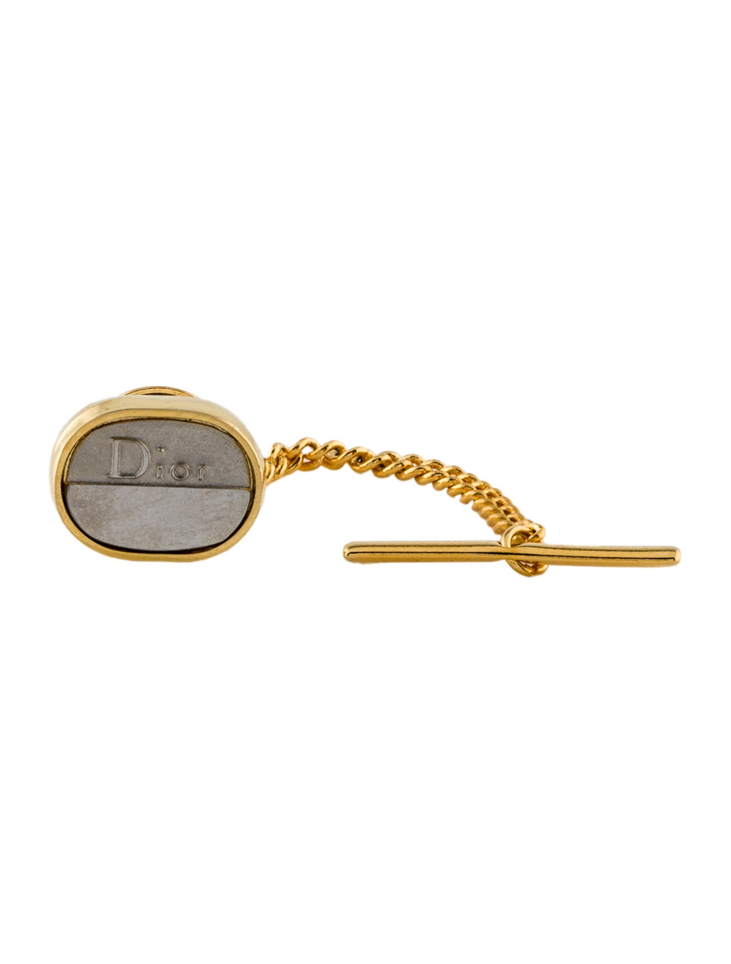 Christian Dior Vintage Oval Logo Tie Pin w/ Chain