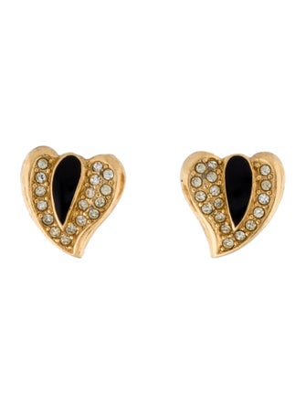 Christian Dior Vintage Crystal & Enamel Heart Clip-On Earrings