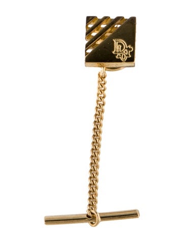 Christian Dior Tie Pins and Clips Vintage Logo Pin w/ Chain
