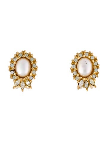 Christian Dior Clip-On Vintage Faux Pearl & Crystal Earrings