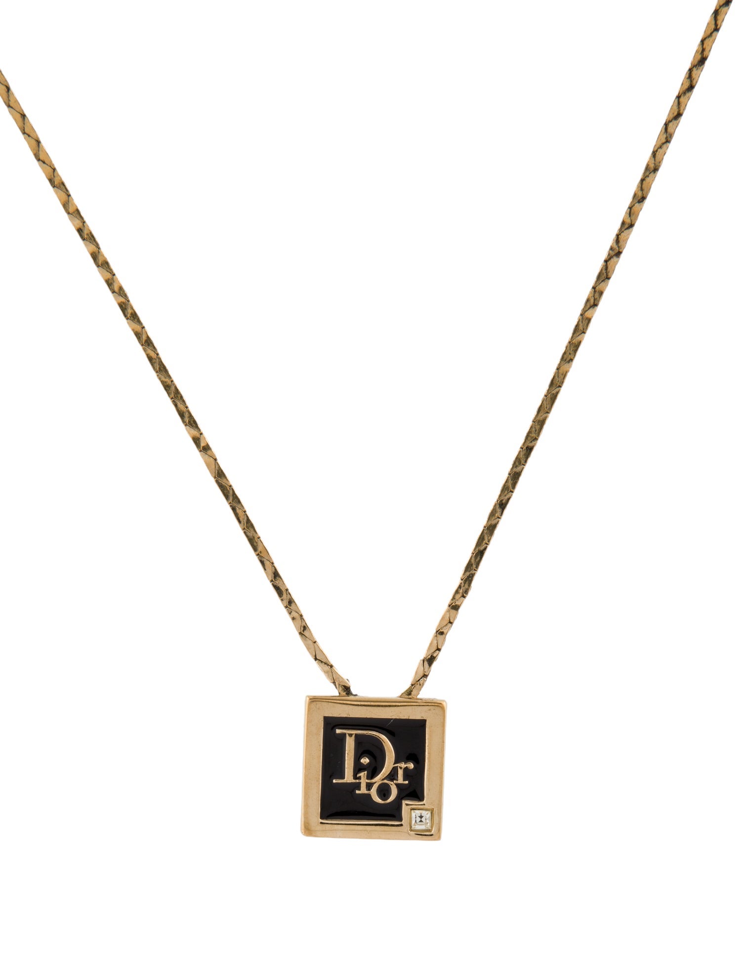Christian Dior Vintage Crystal & Enamel Logo Square Pendant Necklace