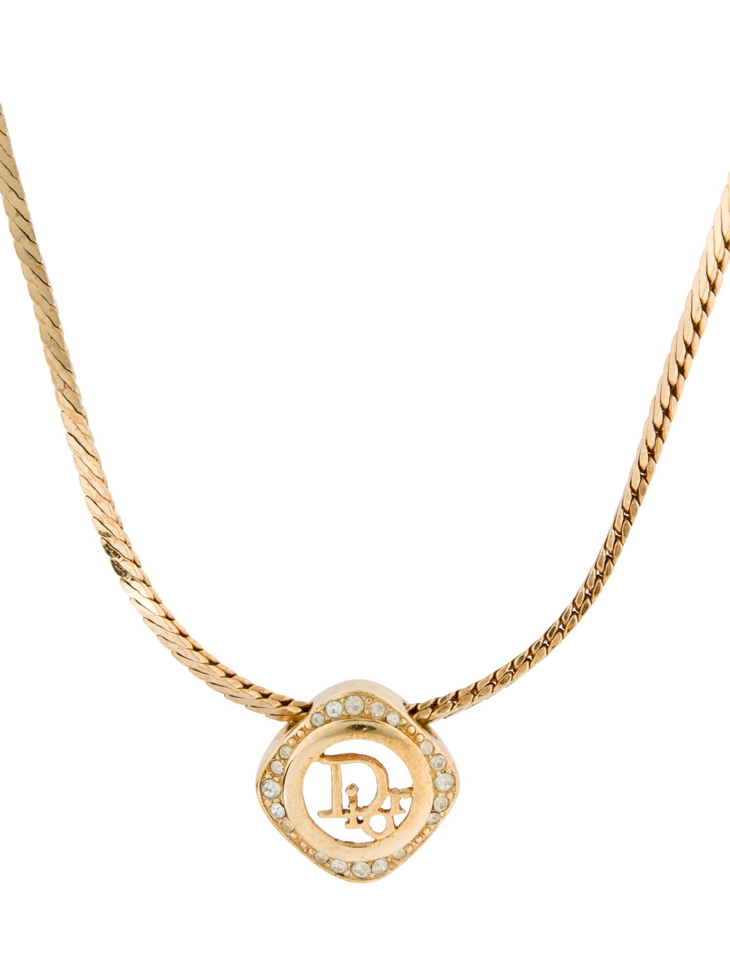 Christian Dior Vintage Crystal Logo Pendant Necklace