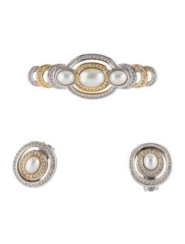 Christian Dior Earring Sets Faux Pearl & Crystal Brooch Set