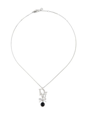 Christian Dior Bead & Crystal Bow Logo Pendant Necklace