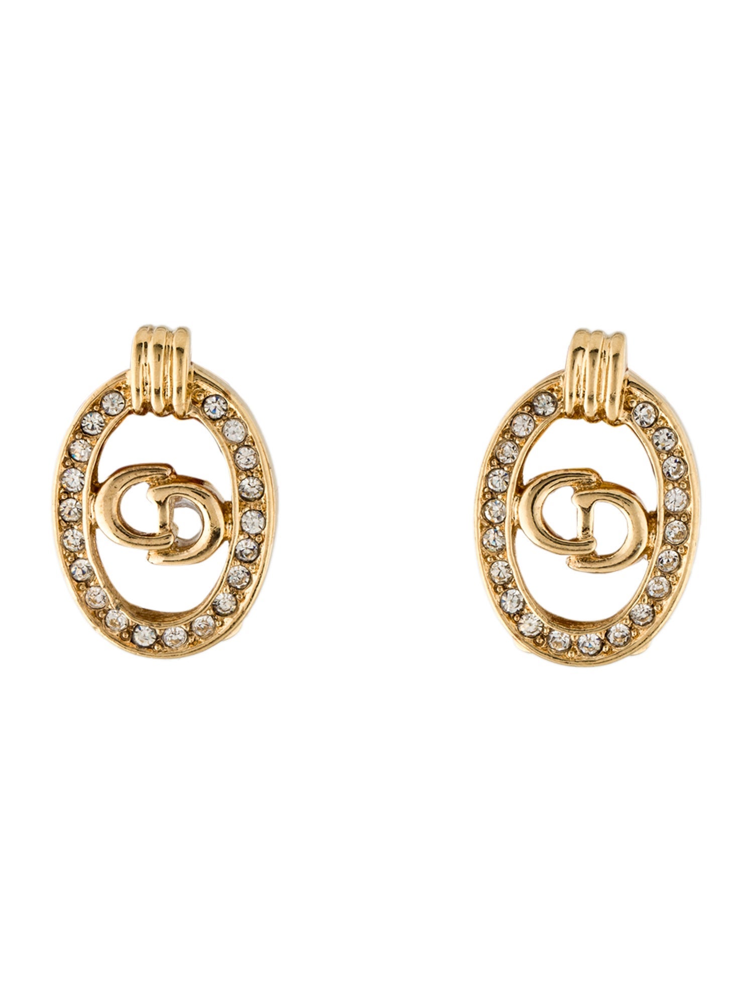 Christian Dior Vintage Crystal Oval CD Clip-On Earrings