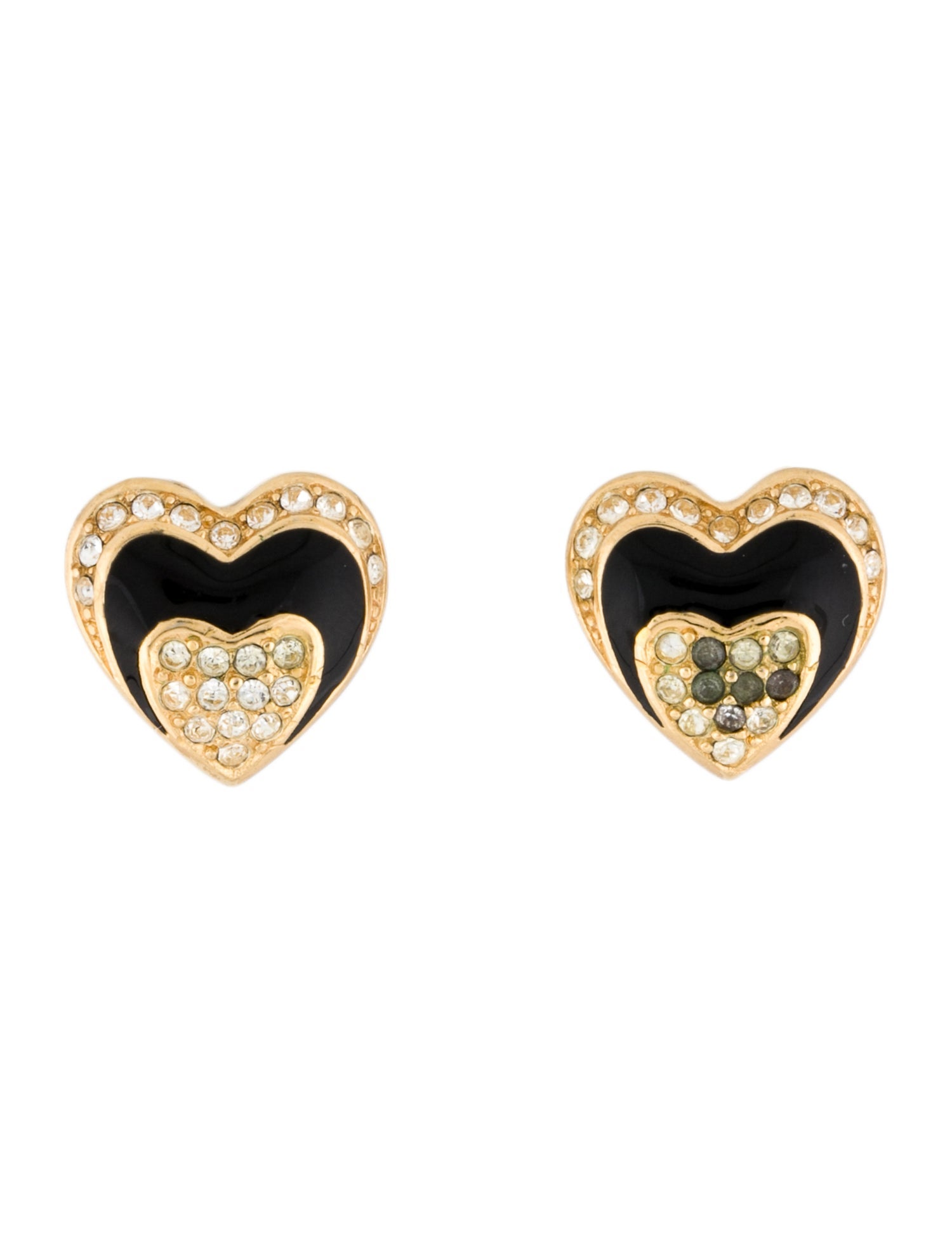 Christian Dior Vintage Crystal & Enamel Heart Clip-On Earrings