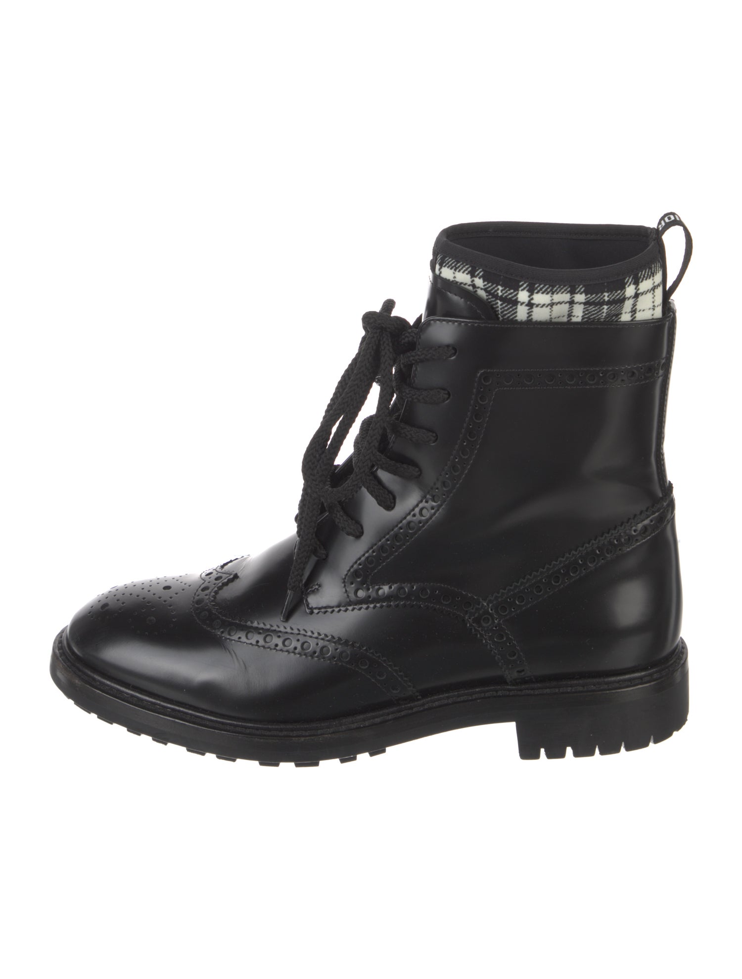 Christian Dior Leather Plaid Print Combat Boots