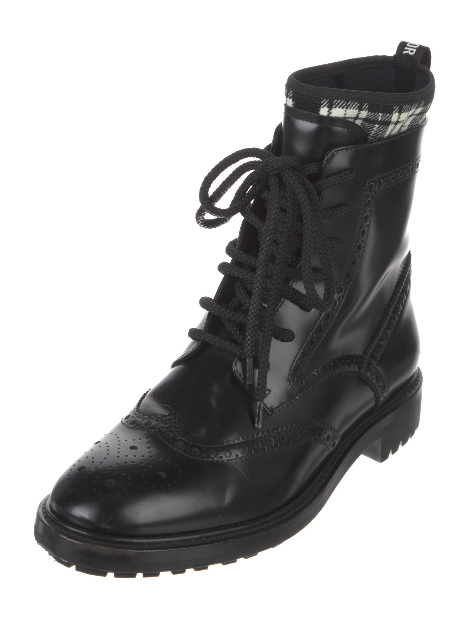 Christian Dior Leather Plaid Print Combat Boots