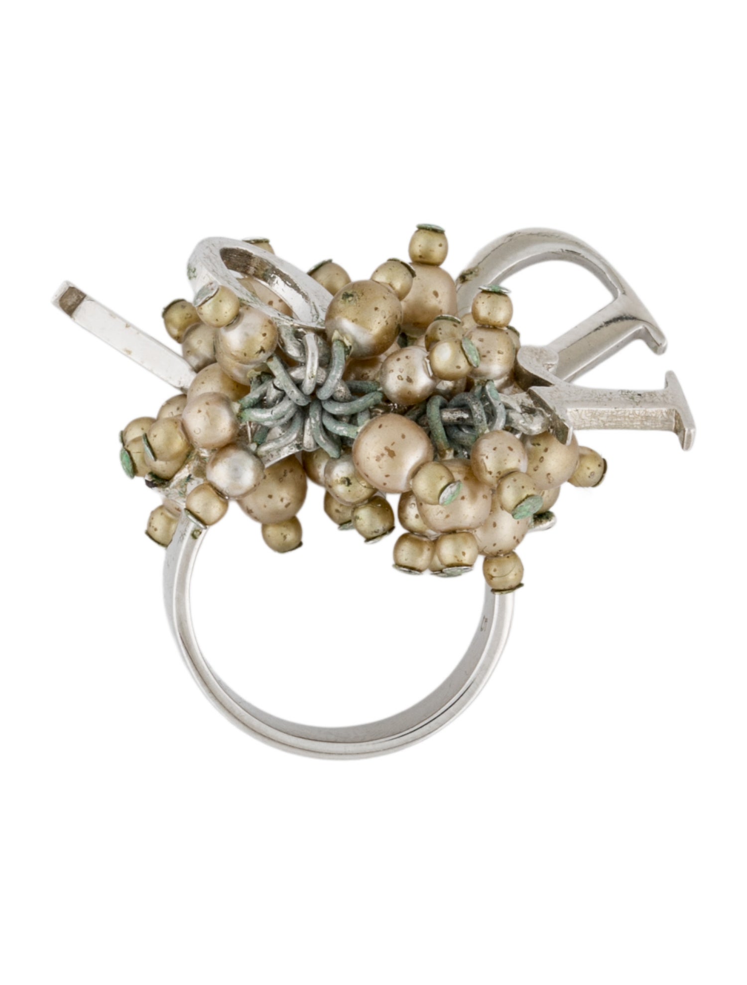 Christian Dior Faux Pearl Logo Cocktail Ring