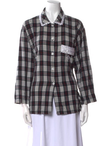 Christian Dior Tops Plaid Print Three-Quarter Sleeve Button-Up Top XL