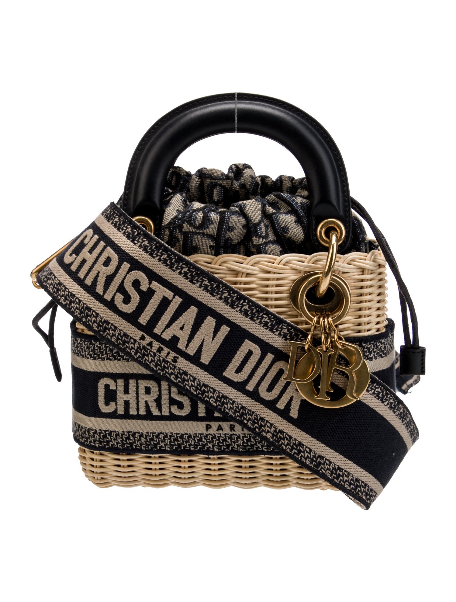 Christian Dior Oblique Jacquard Mini Lady Dior Natural Rattan and Blue Dior Oblique Jacquard