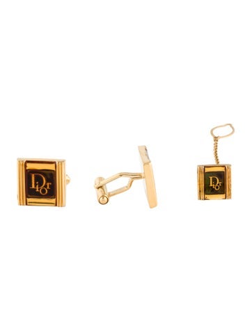 Christian Dior Tie Pins and Clips Vintage Resin Logo Cufflinks & Pin Set