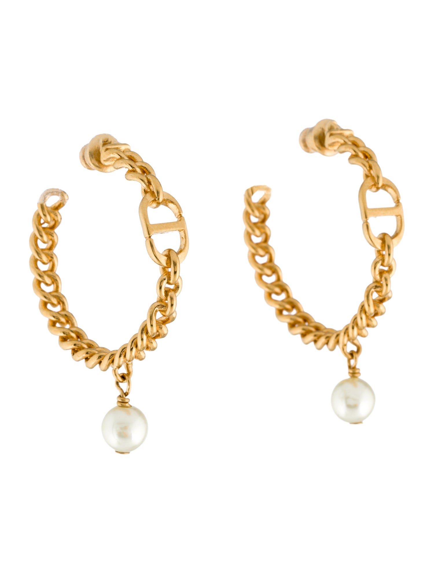 Christian Dior Faux Pearl Link Drop Hoop Earrings